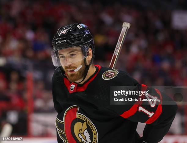 Tyler Motte of the Ottawa Senators skates against the Montreal Canadiens at Canadian Tire Centre on October 01, 2022 in Ottawa, Ontario.