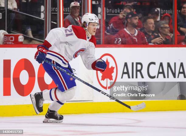 Brendan Guhle of the Montreal Canadiens skates against the Ottawa Senators at Canadian Tire Centre on October 01, 2022 in Ottawa, Ontario.