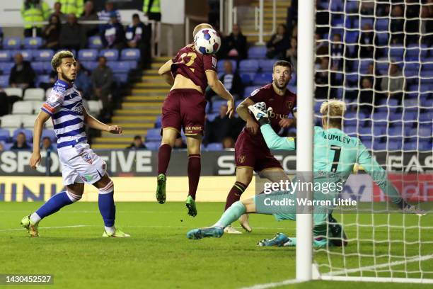 Grant Hanley of Norwich City scores their team's first goal past Joe Lumley of Reading during the Sky Bet Championship between Reading and Norwich...