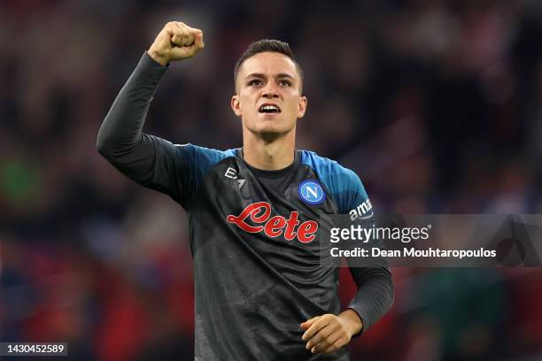 Giacomo Raspadori of SSC Napoli celebrates after scoring their team's fourth goal during the UEFA Champions League group A match between AFC Ajax and...