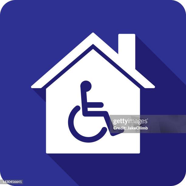 ilustraciones, imágenes clip art, dibujos animados e iconos de stock de icono de silla de ruedas de la casa silueta - símbolo internacional de accesibilidad