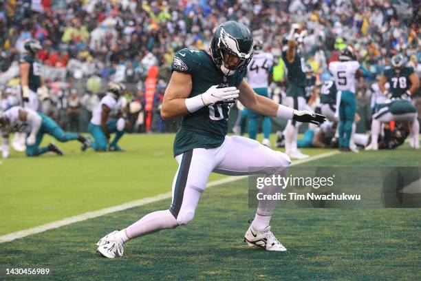 Grant Calcaterra of the Philadelphia Eagles celebrates against the Jacksonville Jaguars at Lincoln Financial Field on October 02, 2022 in...