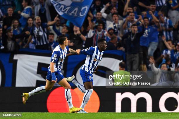 Zaidu Sanusi of FC Porto celebrates after scoring their team's first goal during the UEFA Champions League group B match between FC Porto and Bayer...