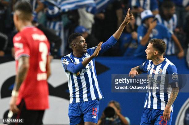 Zaidu Sanusi of FC Porto celebrates after scoring their team's first goal during the UEFA Champions League group B match between FC Porto and Bayer...