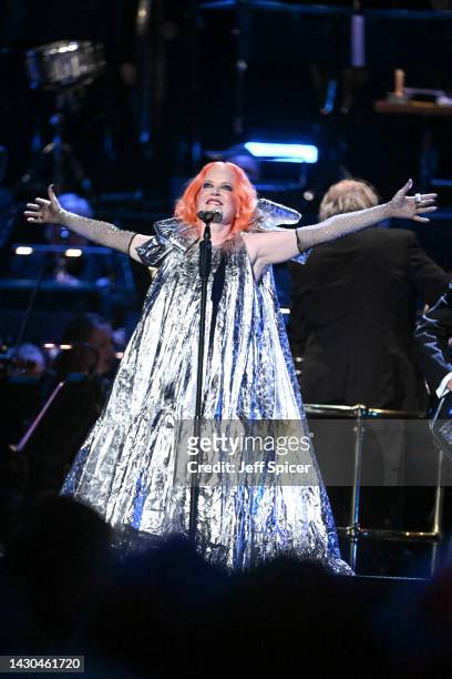 Member of Garbage Shirley Manson performs on stage accompanied by The Royal Philharmonic Concert Orchestra during The Sound of 007 in concert at The...