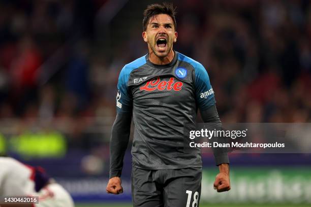 Giovanni Simeone of SSC Napoli celebrates after scoring their team's sixth goal during the UEFA Champions League group A match between AFC Ajax and...