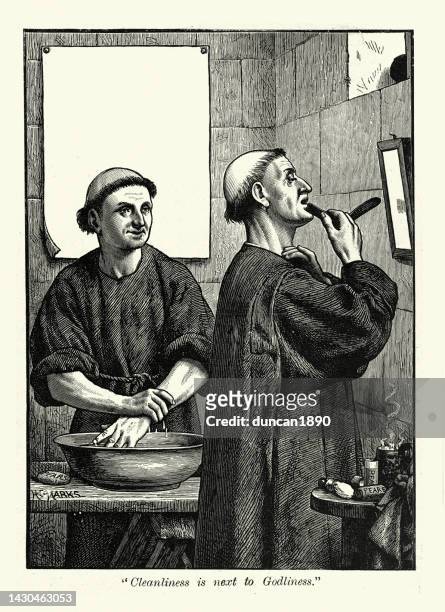 vintage illustration two monks shaving, cleanliness is nest to godliness, 1890s, 19th century - straight razor stock illustrations