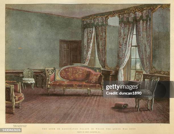 vintage illustration the room where queen victoria was born, kensington palace, 19th century - victorian style home stock illustrations