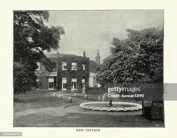 vintage illustration after a photograph of kew cottage, 1890s, 19th century - kew cottages stock illustrations