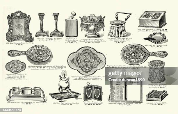 victorian silverware, candlesticks, flask, mirror frame, hair bruch, cigar lighter, inkstand, calendar, pen wiper, 1890s, 19th century - hip flask stock illustrations