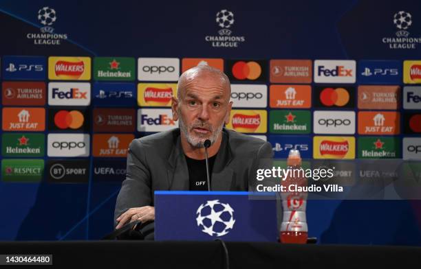 Head coach AC Milan Stefano Pioli speaks with the media during press conference ahead of their UEFA Champions League group E match against Chelsea FC...