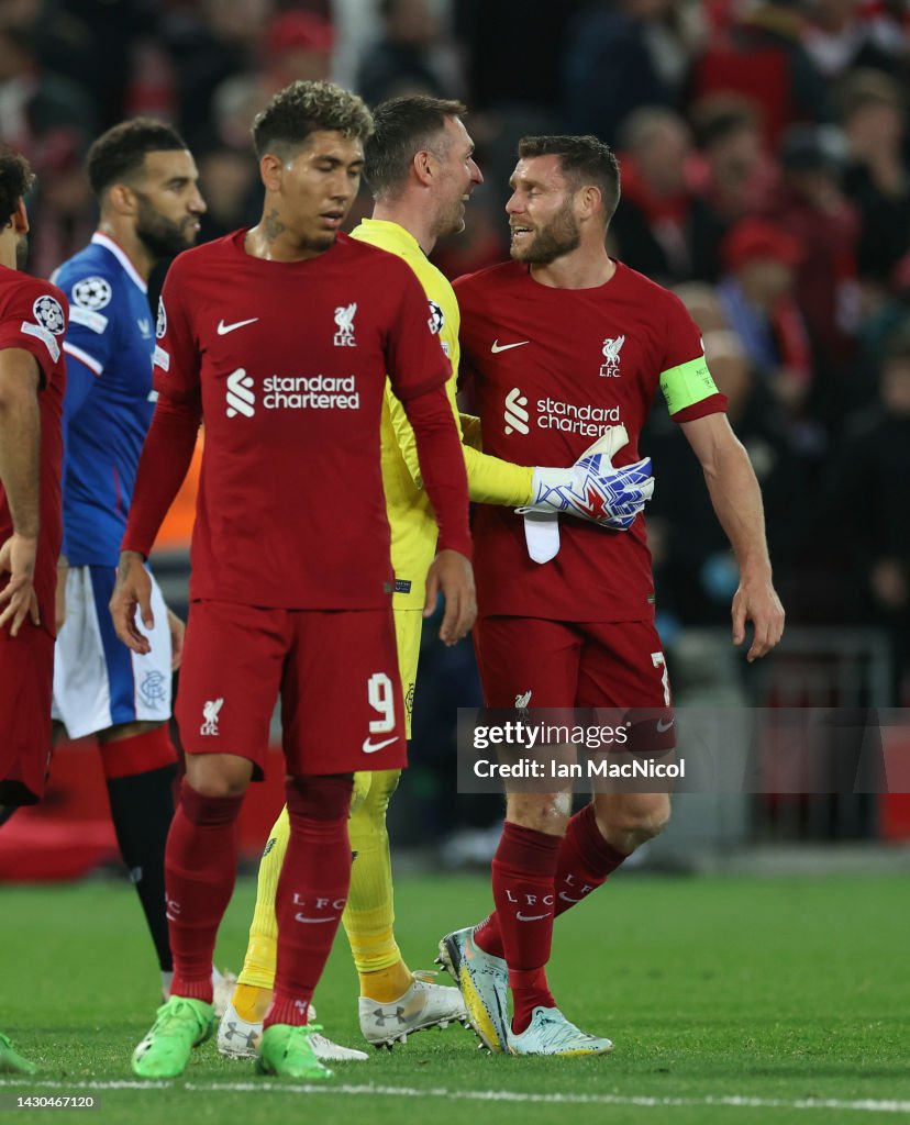 Ss Ranger Liverpool Allan McGregor of Rangers and James Milner of Liverpool at full time ...