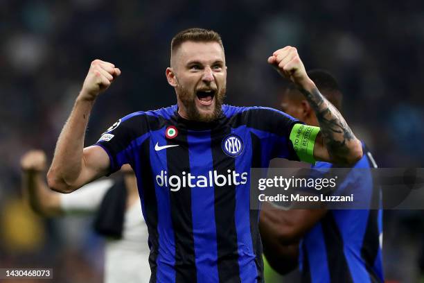 Milan Skriniar of FC Internazionale celebrates after their side's victory during the UEFA Champions League group C match between FC Internazionale...