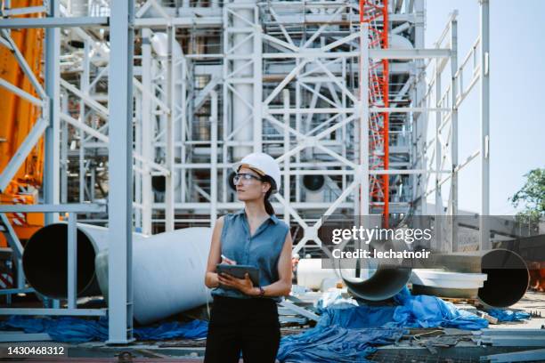 female engineer at the construction site - environmental damage stockfoto's en -beelden