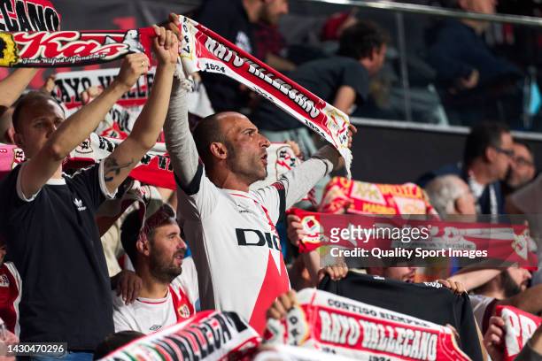 Fans of Rayo Vallecano cheering during the LaLiga Santander match between Rayo Vallecano and Elche CF at Campo de Futbol de Vallecas on October 03,...