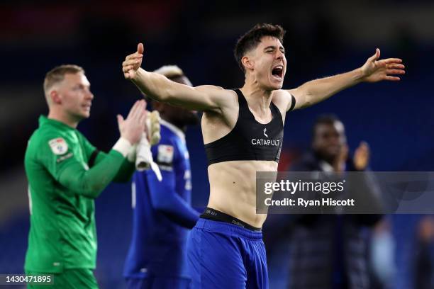 Callum O'Dowda of Cardiff City celebrates their side's win after the final whistle of the Sky Bet Championship between Cardiff City and Blackburn...