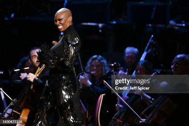 Skin performs on stage accompanied by The Royal Philharmonic Concert Orchestra during The Sound of 007 in concert at The Royal Albert Hall on October...