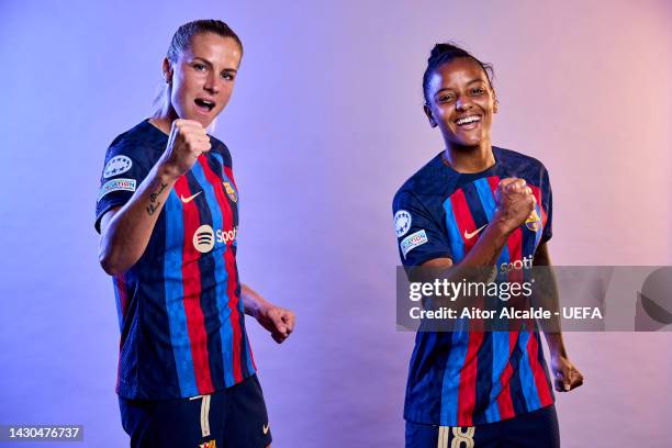 Ana-Maria Crnogorcevic and Geyse Ferrei of FC Barcelona pose for a photo during the FC Barcelona UEFA Women's Champions League Portrait session at...