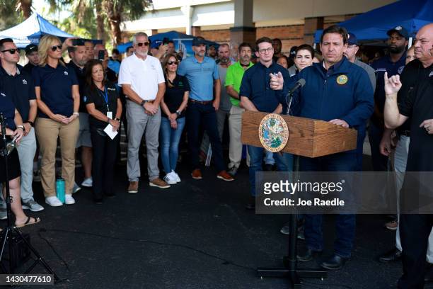 Florida Governor Ron DeSantis speaks during a press conference to update information about the on ongoing efforts to help people after hurricane Ian...