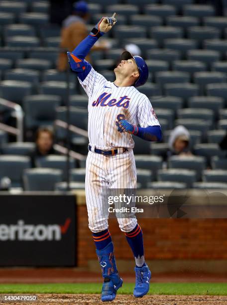 Brandon Nimmo of the New York Mets celebrates his solo home run in the fourth inning against the Washington Nationals during game one of a double...