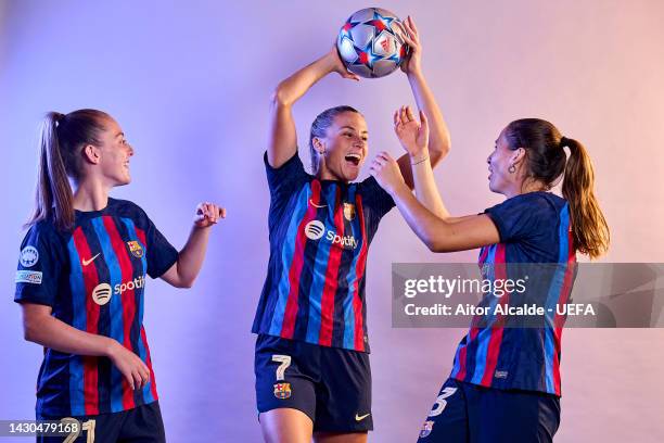 Keira Walsh; Ana-Maria Crnogorcevic and Laia Codina of FC Barcelona pose for a photo during the FC Barcelona UEFA Women's Champions League Portrait...