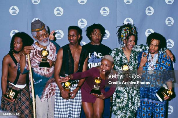 American alternative hip hop group Arrested Development at the 35th Annual Grammy Awards at the Shrine Auditorium in Los Angeles, California, United...