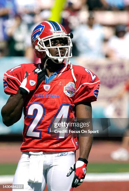 Terrence McGee of the AFC looks on during pregame warm ups prior to playing the NFC in the NFL Pro Bowl Game on February 13, 2005 at Aloha Stadium in...