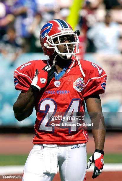 Terrence McGee of the AFC looks on during pregame warm ups prior to playing the NFC in the NFL Pro Bowl Game on February 13, 2005 at Aloha Stadium in...