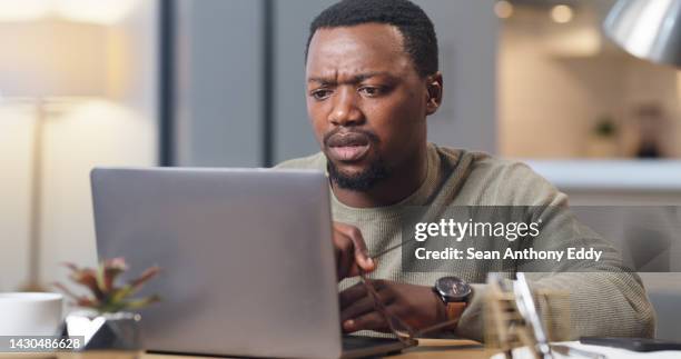 confused, black man and reading email on laptop with hacker notification update and software fail. entrepreneur person anxiety, fear and surprise with cyber security breach with information. - data breach stock pictures, royalty-free photos & images