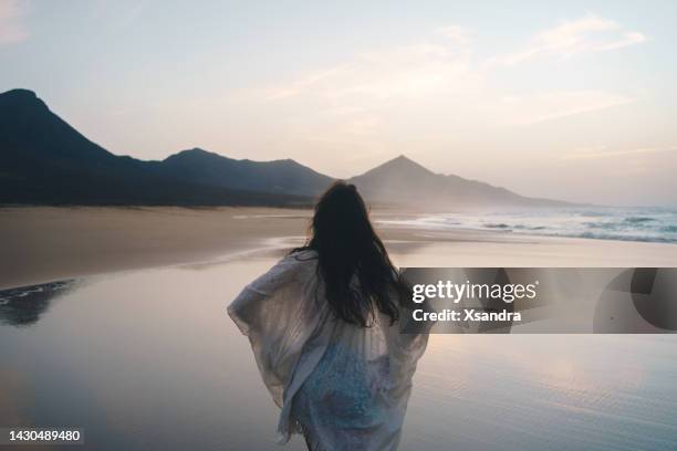 young woman enjoying sunset on the beach - wonderlust concept - brunette woman back stockfoto's en -beelden