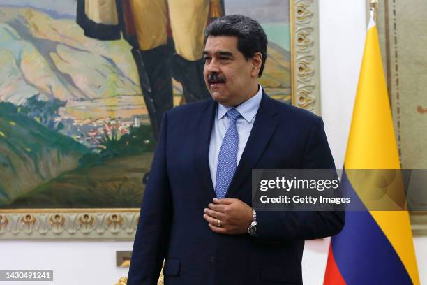 President of Venezuela Nicolas Maduro looks on during a meeting with Colombian Chancellor Alvaro Leyva after reestablishing diplomatic relationships...