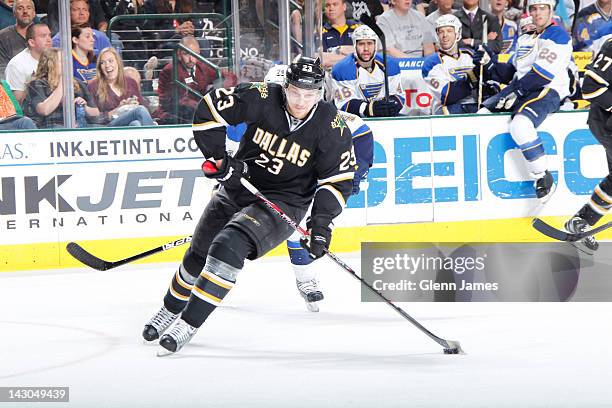 Tom Wandell of the Dallas Stars skates against the St. Louis Blues at the American Airlines Center on April 7, 2012 in Dallas, Texas.