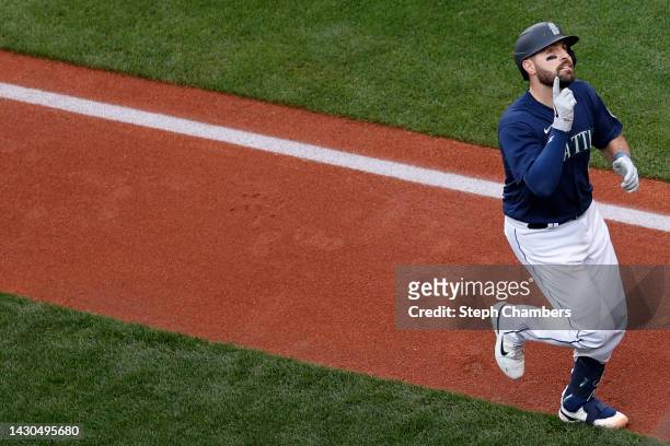 Curt Casali of the Seattle Mariners celebrates his home run against the Detroit Tigers during the third inning at T-Mobile Park on October 04, 2022...