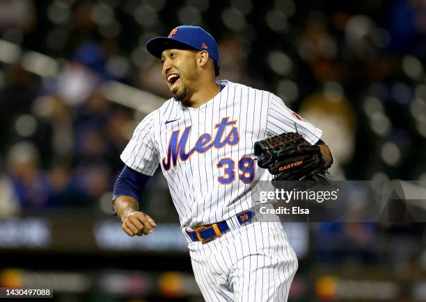 Edwin Diaz of the New York Mets celebrates the final out during game one of a double header against the Washington Nationals at Citi Field on October...