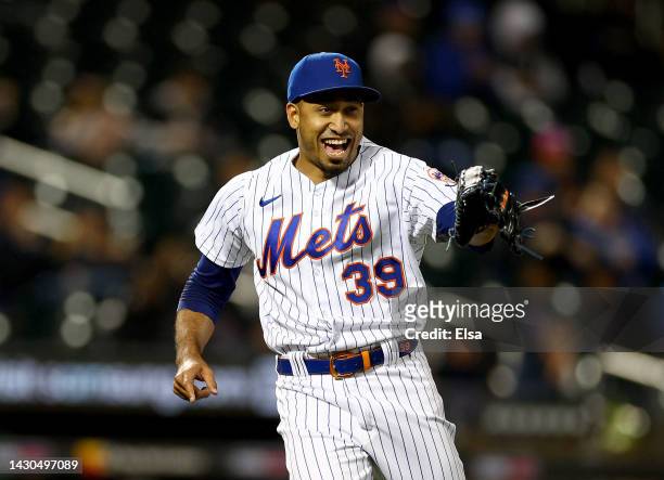 Edwin Diaz of the New York Mets celebrates the final out during game one of a double header against the Washington Nationals at Citi Field on October...