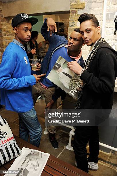 Lee Elias, Jaiden James and Bambi attend the launch of Casio London's Global Concept Store in Covent Garden Piazza on April 18, 2012 in London,...