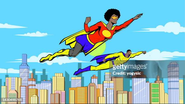 vector retro pop art african american superhero couple flying in a city stock illustration - cosplay stock illustrations