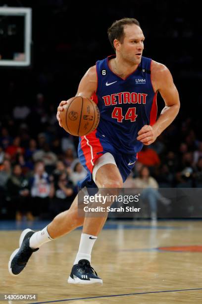 Bojan Bogdanovic of the Detroit Pistons dribbles during the first half against the New York Knicks at Madison Square Garden on October 04, 2022 in...