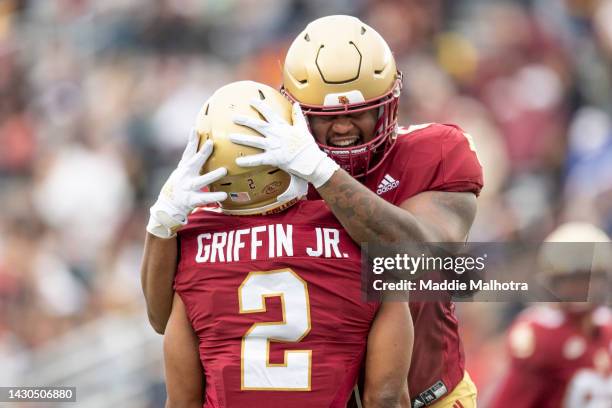 Joseph Griffin Jr. #2 of the Boston College Eagles reacts after scoring a touchdown during the first quarter against the Louisville Cardinals at...