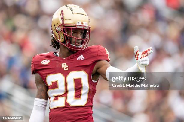 Elijah Jones of the Boston College Eagles looks on during a game Against the Louisville Cardinals at Alumni Stadium on October 1, 2022 in Chestnut...