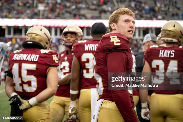 Shane Hanafin of the Boston College Eagles looks on during the final seconds of a game against the Louisville Cardinals at Alumni Stadium on October...