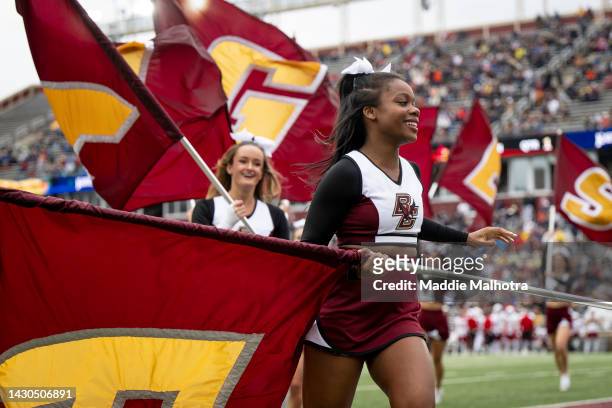 Boston College cheerleaders react after a touchdown during a game against the Boston College Eagles at Alumni Stadium on October 1, 2022 in Chestnut...