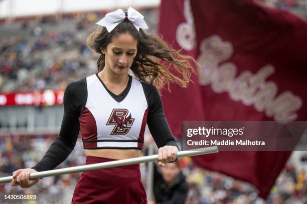 Boston College cheerleaders react after a touchdown during a game against the Boston College Eagles at Alumni Stadium on October 1, 2022 in Chestnut...