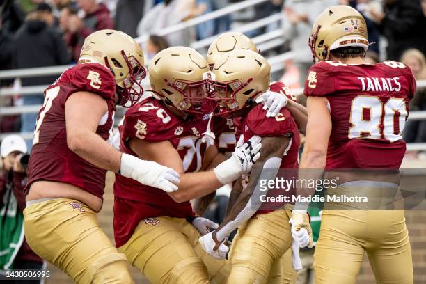 Zay Flowers of the Boston College Eagles reacts after scoring a touchdown during the first half of a game against the Louisville Cardinals at Alumni...