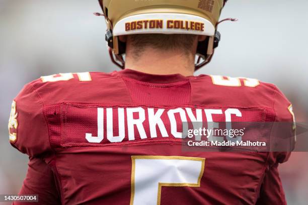 Phil Jurkovec of the Boston College Eagles looks on during a game against the Louisville Cardinals at Alumni Stadium on October 1, 2022 in Chestnut...