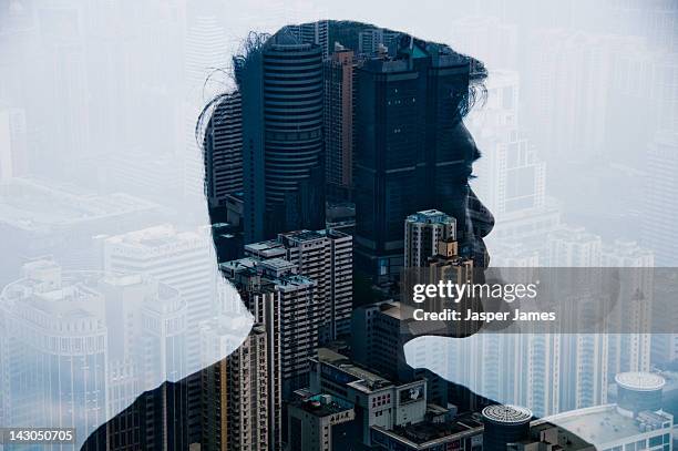 double exposure of man and cityscape - headshot collage stock pictures, royalty-free photos & images