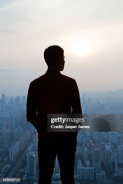 aerial view of man looking out to shenzen - kontur stock-fotos und bilder