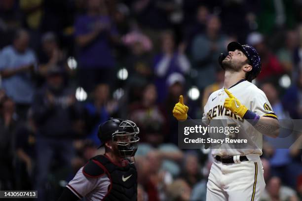 Garrett Mitchell of the Milwaukee Brewers celebrates a home run during the second inning against the Arizona Diamondbacks at American Family Field on...