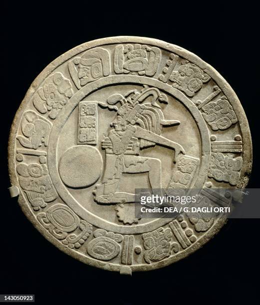 The disc of Chinkultic, showing a center with a depiction of a player of pelota. Artifact dated 590 originated from Chinkultic . Mayan Civilization,...