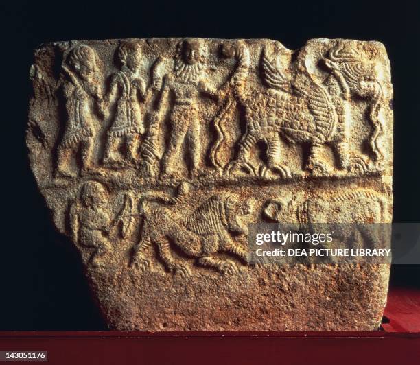 Relief depicting domestic and wild animals, on a carved basin for the water used in purification rites. Artefact found in a temple in Ebla, Syria....